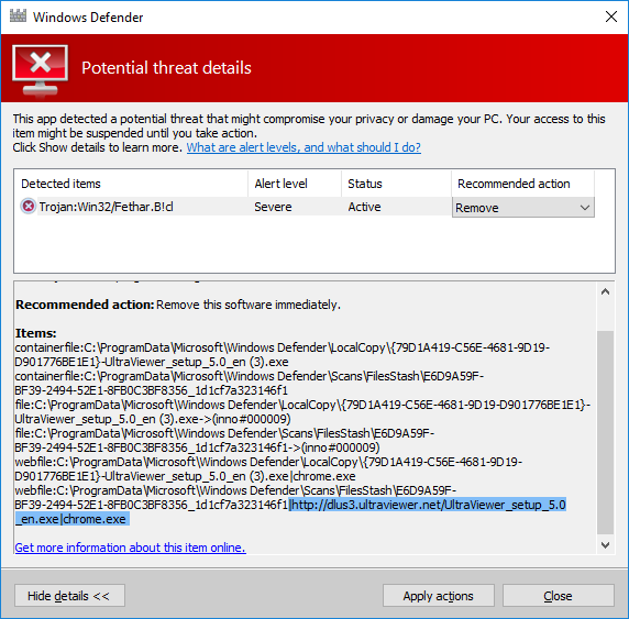 Window Defender nhận dạng nhầm UltraViewer là Trojan:Win32/Fethar.B!d